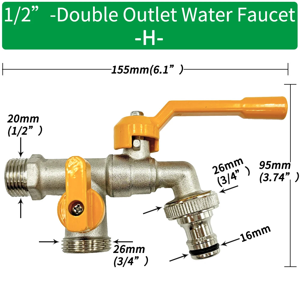 Garden Hose Brass Tap Faucet Adapter 1/2'' IBC Water Tank Connector 2-Way 1-Way Irrigation Joint Replacement Fitting Ball Valve