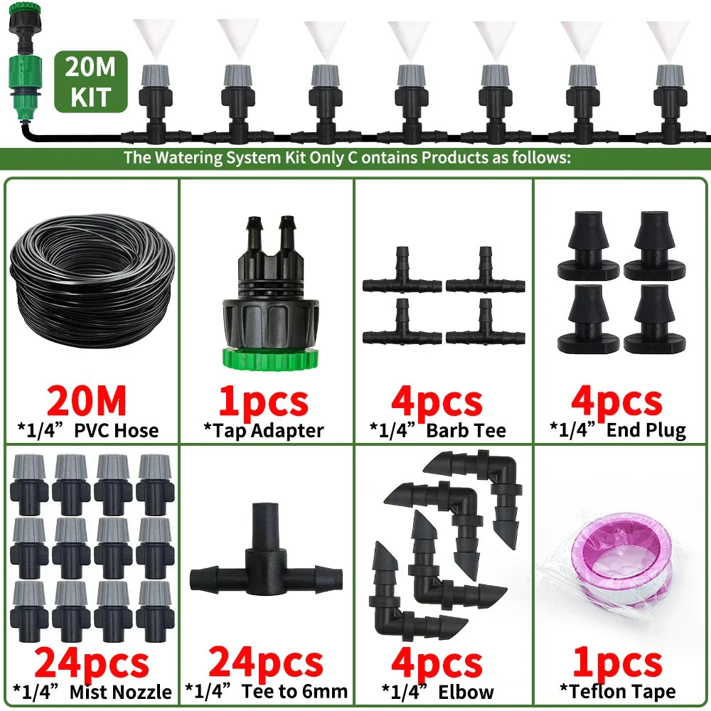 10-20M Automatic Watering Irrigation System Portable Misting Fog Nozzles Garden Hose Spray Head W/ 4/7mm Tee Connector for Patio