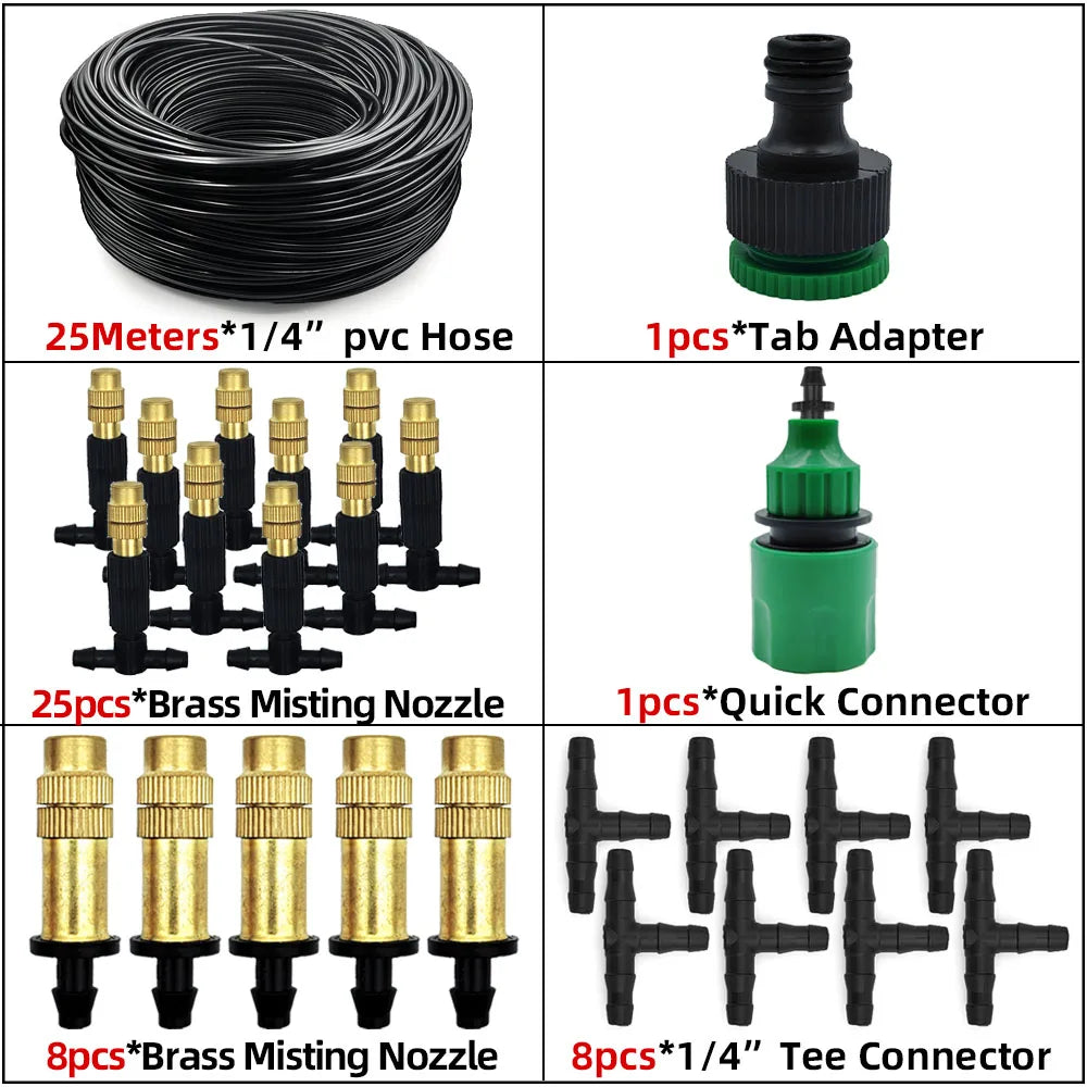 15M-30M Outdoor Misting Cooling System Garden Irrigation Watering 1/4'' Brass Atomizer Nozzles 4/7mm Hose for Patio Greenhouse