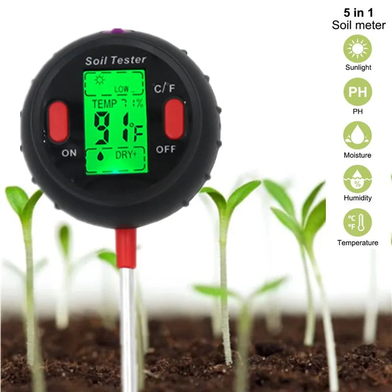 5 in 1 PH Soil Tester Portable Moisture Meter Humidity Thermometer Photometer Water Meter Garden Plants Hydroponics Analyze 40%O