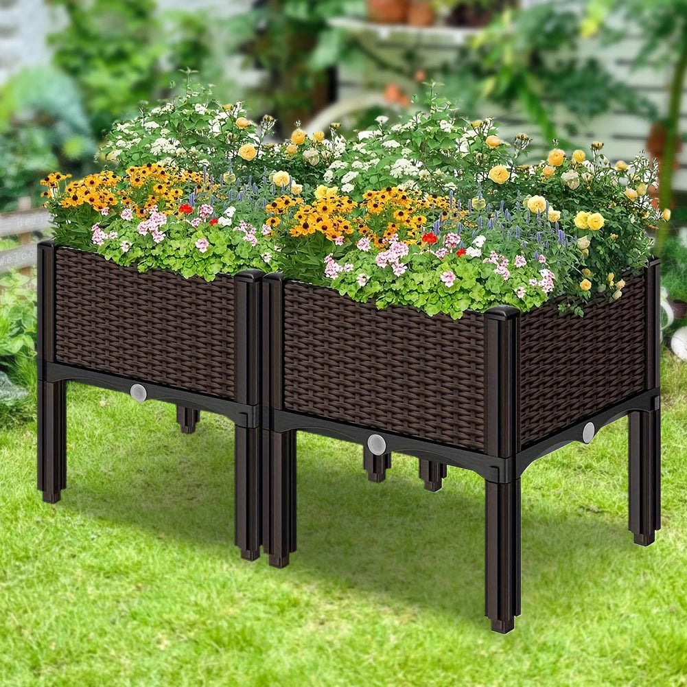 Elevated Plastic Raised Garden Bed Planter Outdoor Planters with Drain Outlet To Planting Flower Vegetable Tomato and Herb