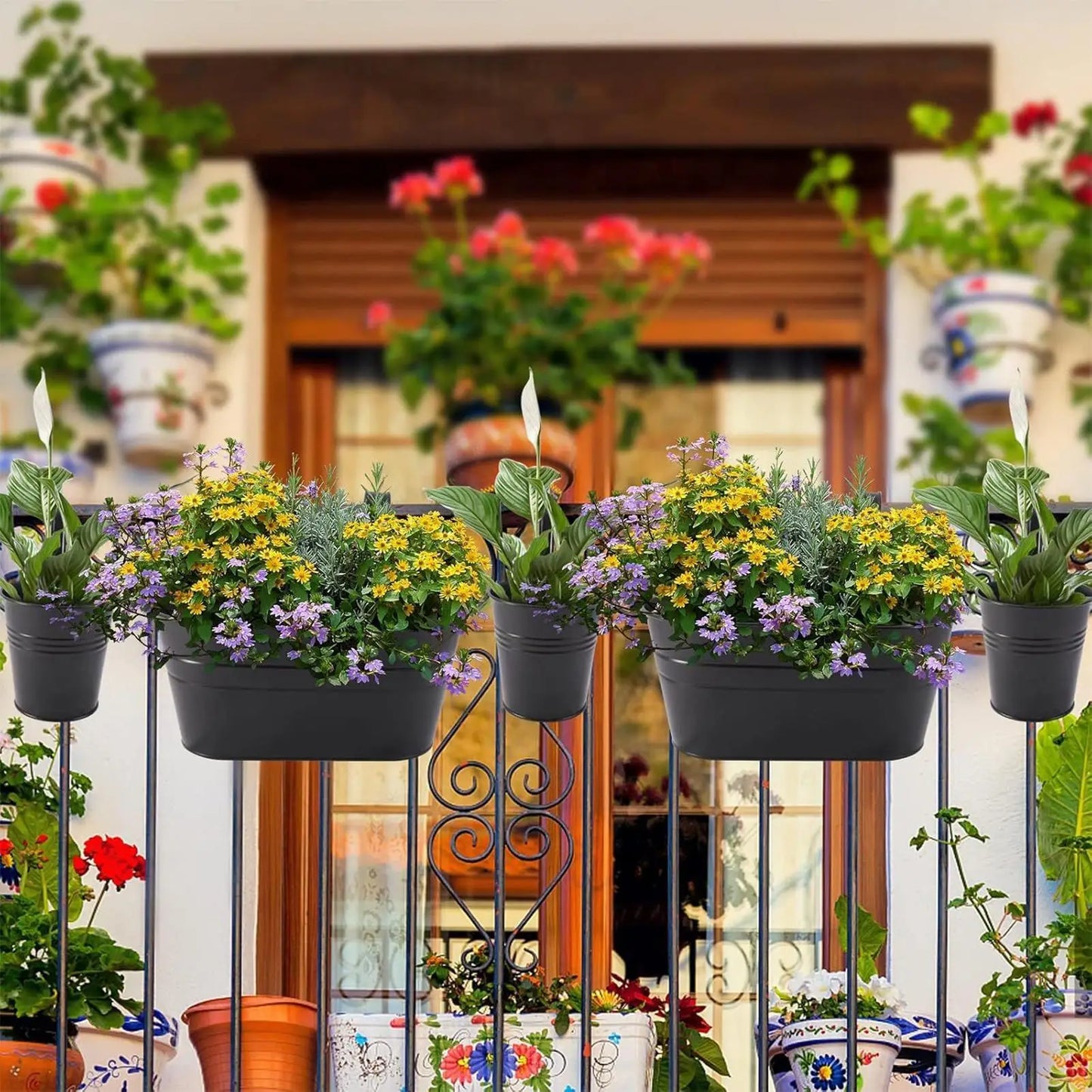 Railing Planter Box Outdoor Balcony Railing Planter Hangable Houseplant Pots Metal Flower Boxes For Outside Fence Backyard