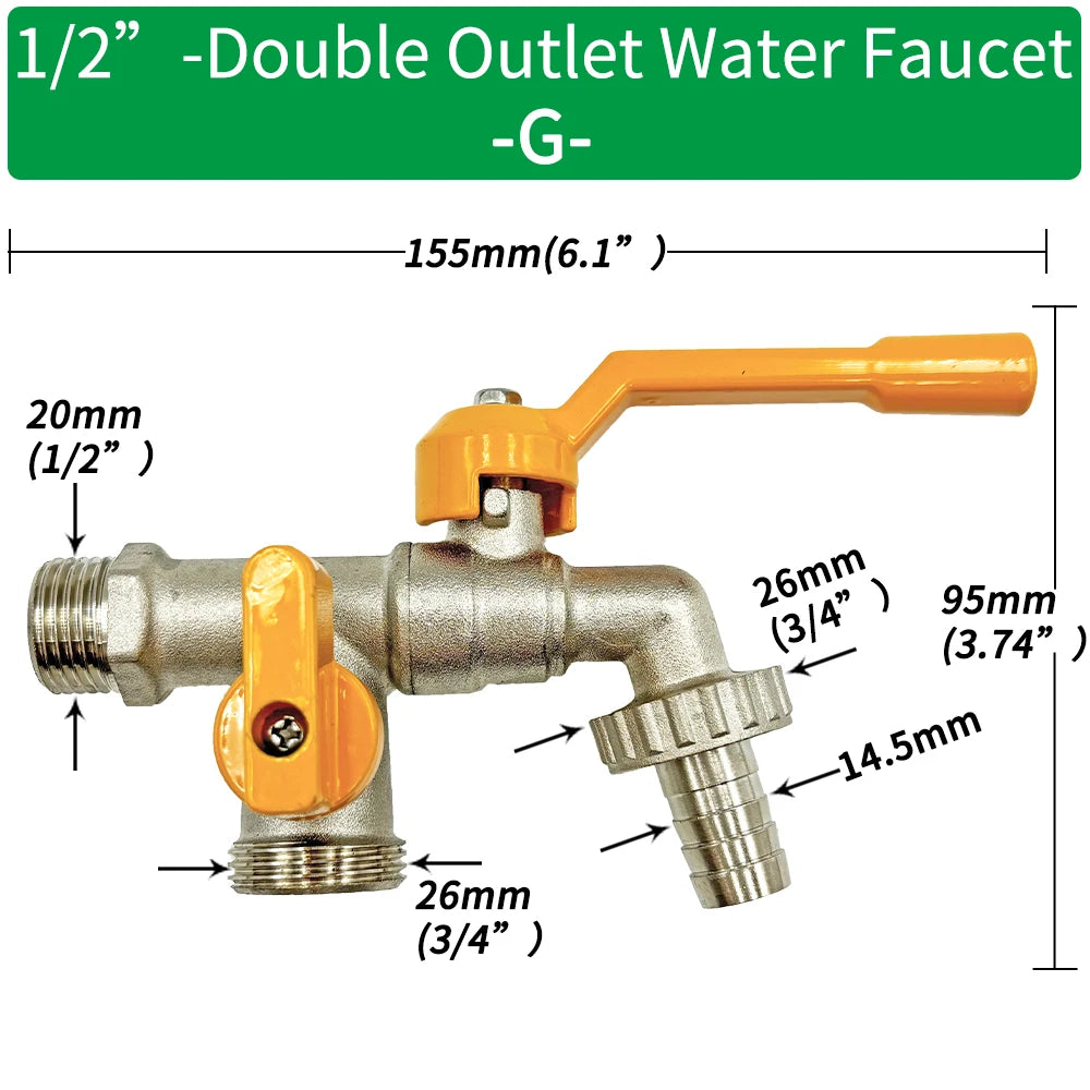Garden Hose Brass Tap Faucet Adapter 1/2'' IBC Water Tank Connector 2-Way 1-Way Irrigation Joint Replacement Fitting Ball Valve