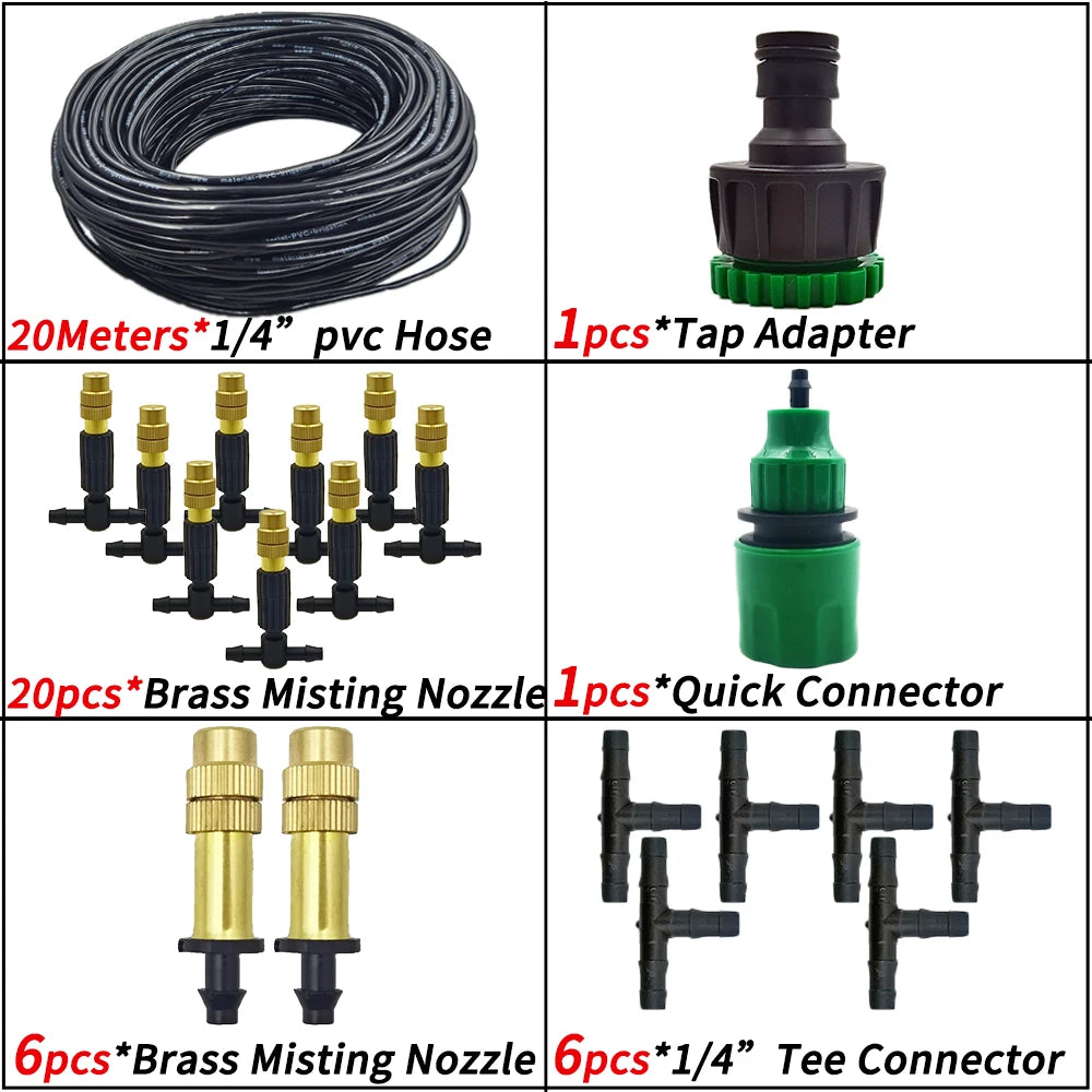 15M-30M Outdoor Misting Cooling System Garden Irrigation Watering 1/4'' Brass Atomizer Nozzles 4/7mm Hose for Patio Greenhouse