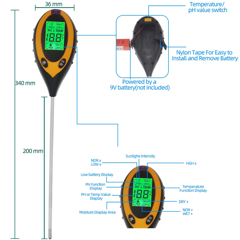 5 in 1 PH Soil Tester Portable Moisture Meter Humidity Thermometer Photometer Water Meter Garden Plants Hydroponics Analyze 40%O