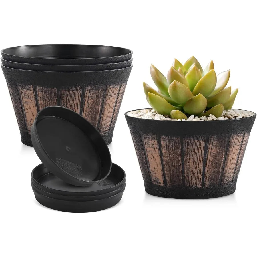 6 inch Brown Barrel Planters with Drainage Holes Saucer Set of 4 Indoor Outdoor Garden Home Plants