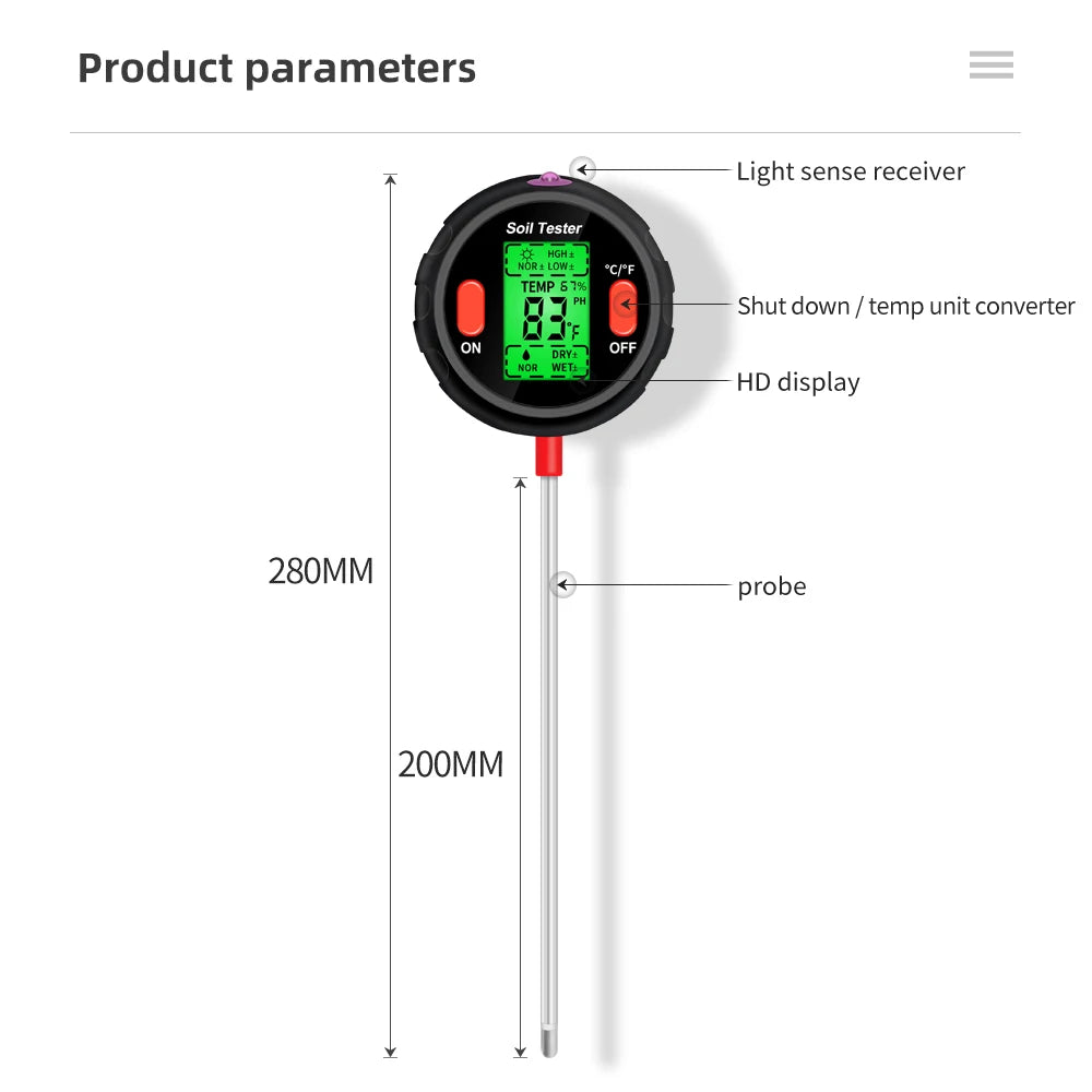 5 in 1 PH Soil Tester Portable Moisture Meter Humidity Thermometer Photometer Water Meter Garden Plants Hydroponics Analyze 40%O