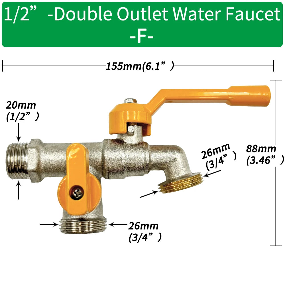 Garden Hose Brass Tap Faucet Adapter 1/2'' IBC Water Tank Connector 2-Way 1-Way Irrigation Joint Replacement Fitting Ball Valve