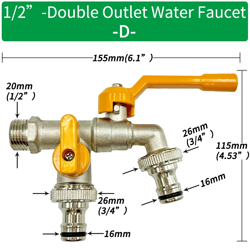 Garden Hose Brass Tap Faucet Adapter 1/2'' IBC Water Tank Connector 2-Way 1-Way Irrigation Joint Replacement Fitting Ball Valve