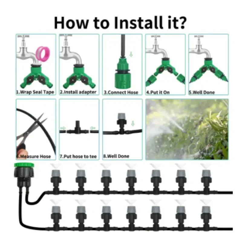 10-20M Automatic Watering Irrigation System Portable Misting Fog Nozzles Garden Hose Spray Head W/ 4/7mm Tee Connector for Patio
