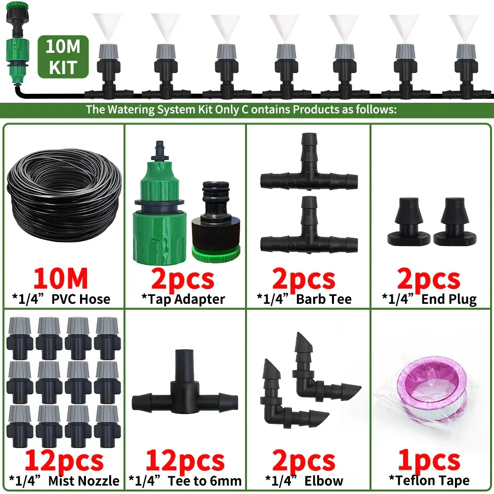 10-20M Automatic Watering Irrigation System Portable Misting Fog Nozzles Garden Hose Spray Head W/ 4/7mm Tee Connector for Patio