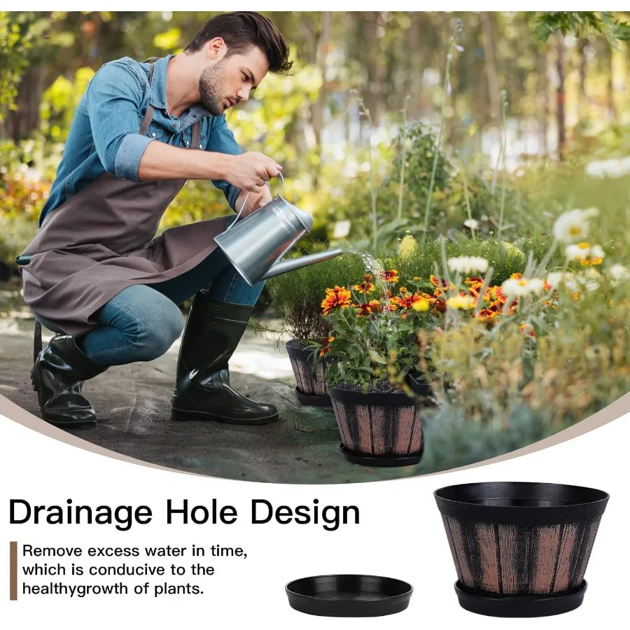 6 inch Brown Barrel Planters with Drainage Holes Saucer Set of 4 Indoor Outdoor Garden Home Plants
