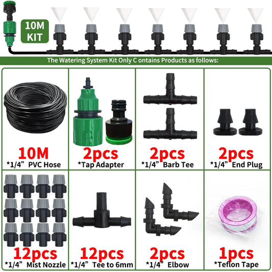 10-20M Automatic Watering Irrigation System Portable Misting Fog Nozzles Garden Hose Spray Head W/ 4/7mm Tee Connector for Patio