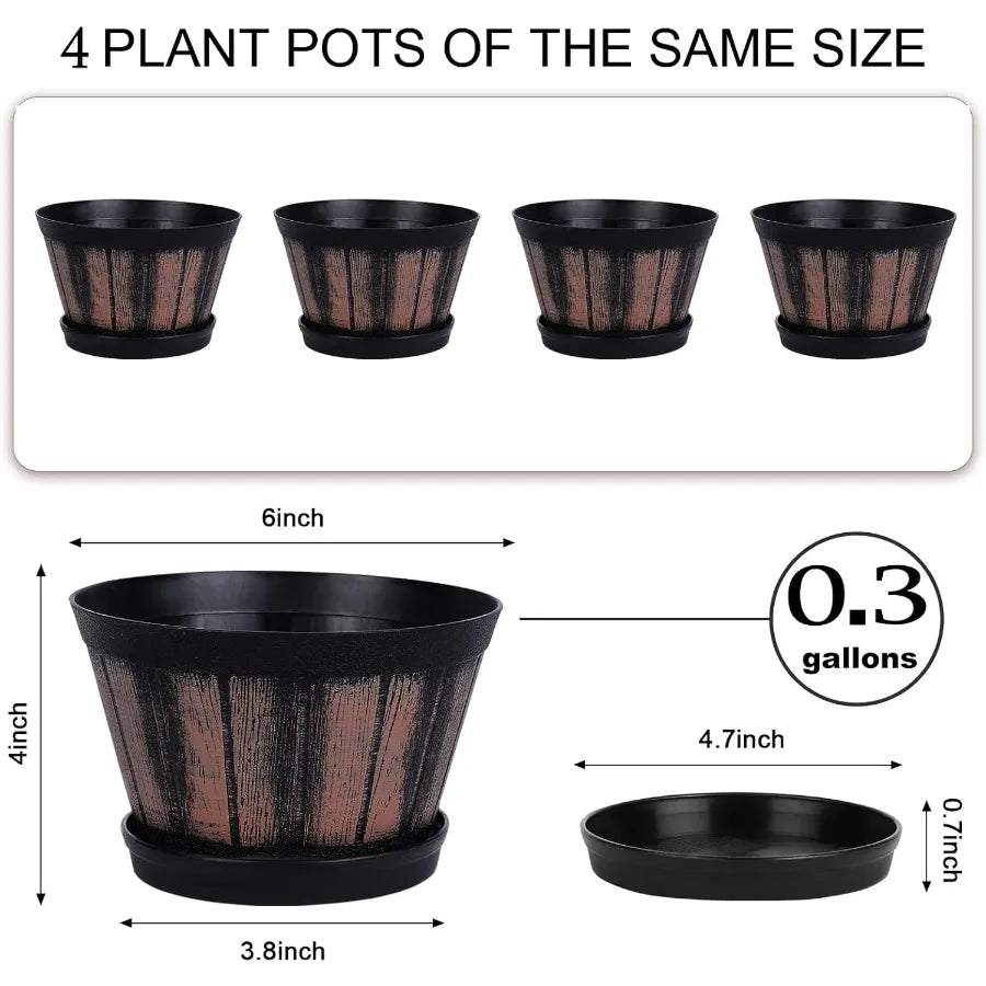 6 inch Brown Barrel Planters with Drainage Holes Saucer Set of 4 Indoor Outdoor Garden Home Plants