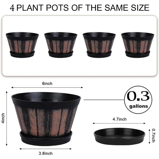 6 inch Brown Barrel Planters with Drainage Holes Saucer Set of 4 Indoor Outdoor Garden Home Plants