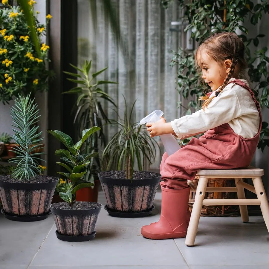 6 inch Brown Barrel Planters with Drainage Holes Saucer Set of 4 Indoor Outdoor Garden Home Plants