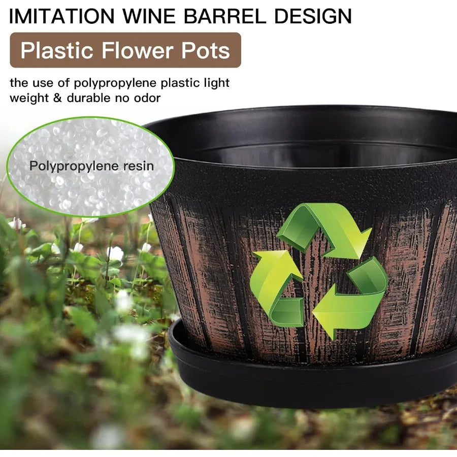 6 inch Brown Barrel Planters with Drainage Holes Saucer Set of 4 Indoor Outdoor Garden Home Plants