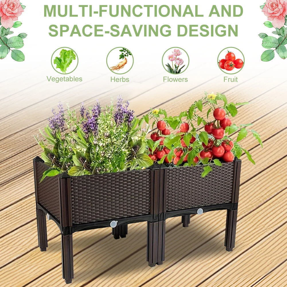 Elevated Plastic Raised Garden Bed Planter Outdoor Planters with Drain Outlet To Planting Flower Vegetable Tomato and Herb
