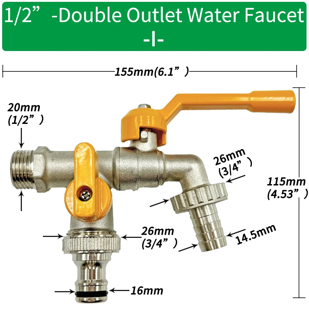 Garden Hose Brass Tap Faucet Adapter 1/2'' IBC Water Tank Connector 2-Way 1-Way Irrigation Joint Replacement Fitting Ball Valve