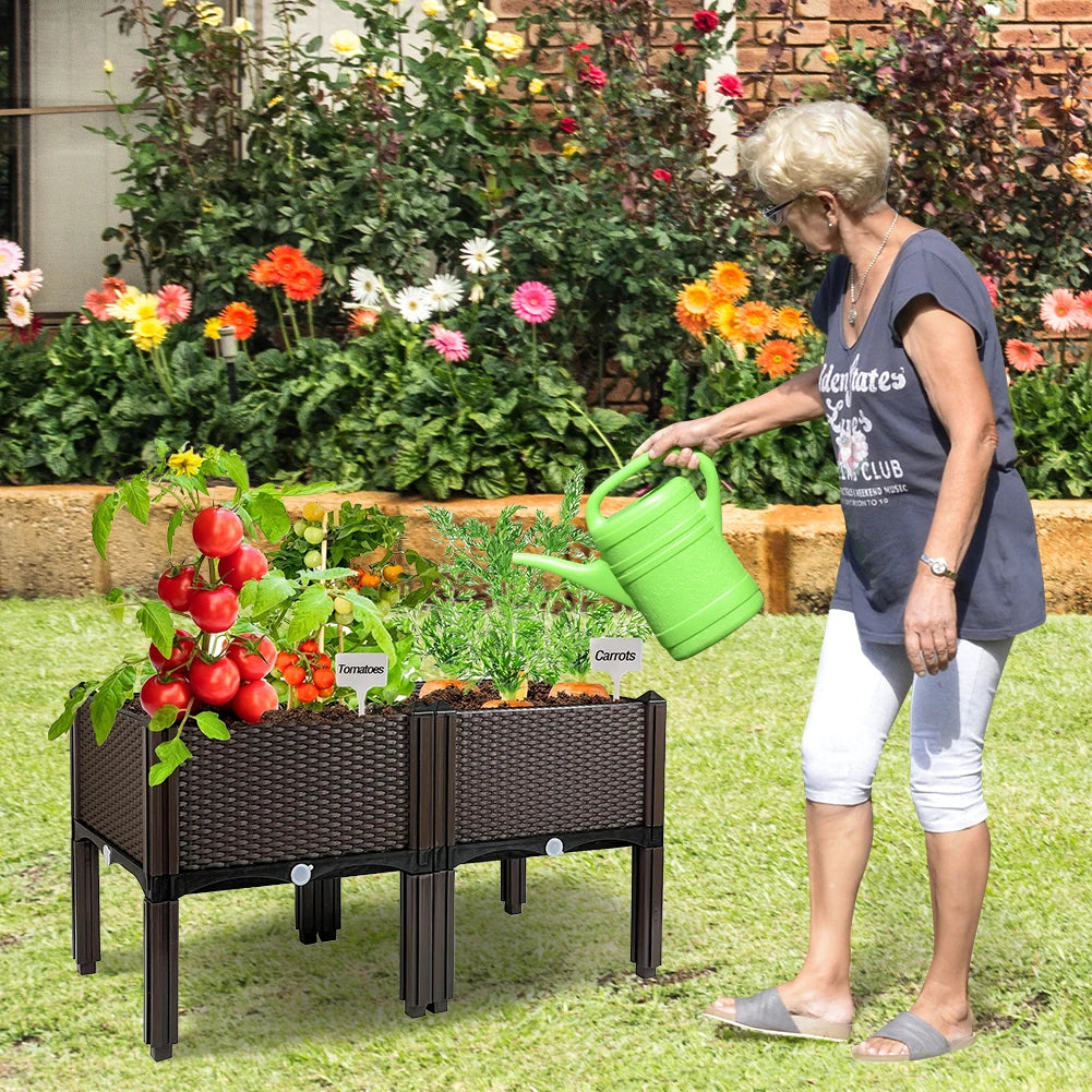 Elevated Plastic Raised Garden Bed Planter Outdoor Planters with Drain Outlet To Planting Flower Vegetable Tomato and Herb