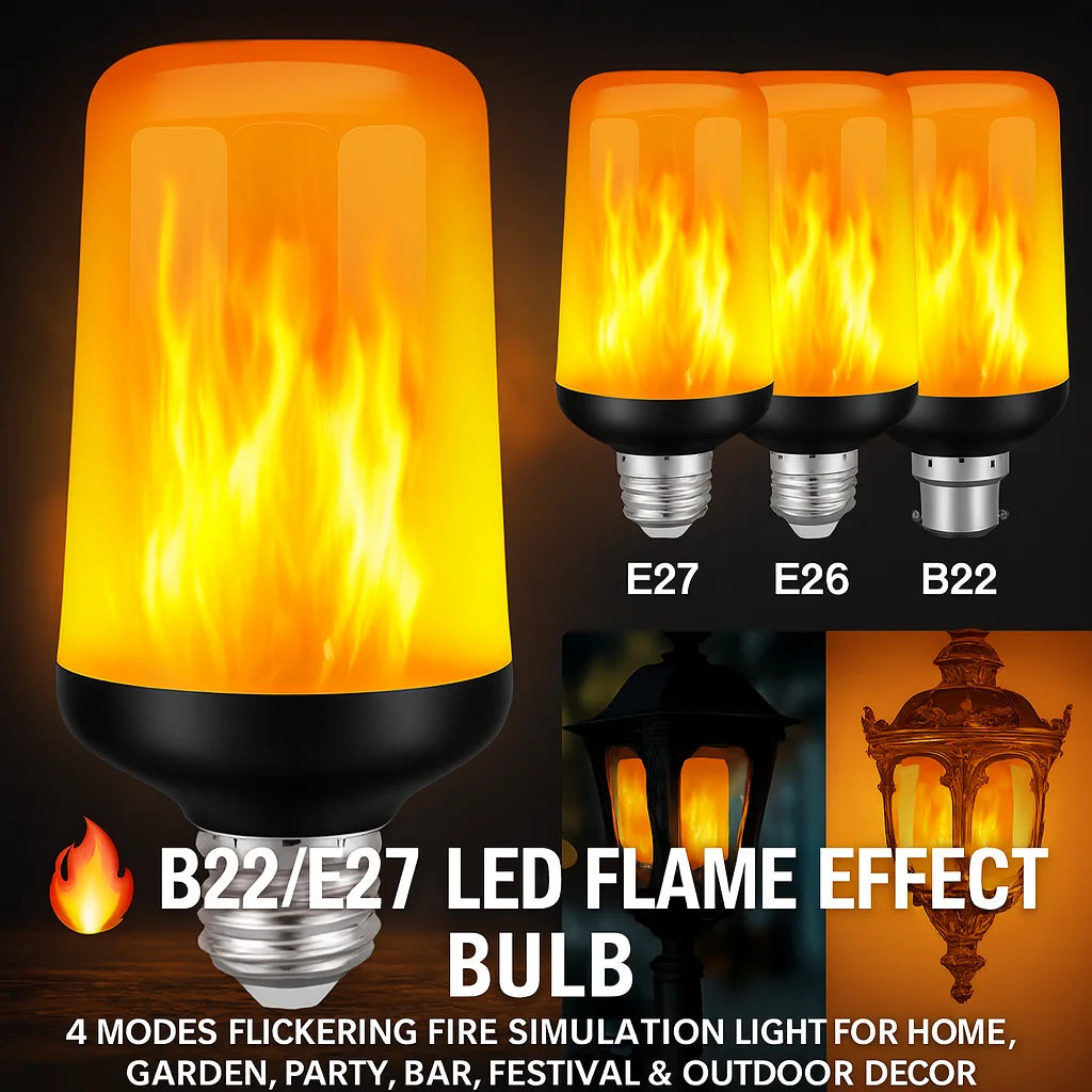 B22/E27 LED Flame Effect Bulb – 4 Modes Flickering Fire Simulation Light for Home, Garden, Party, Bar, Festival & Outdoor Decor